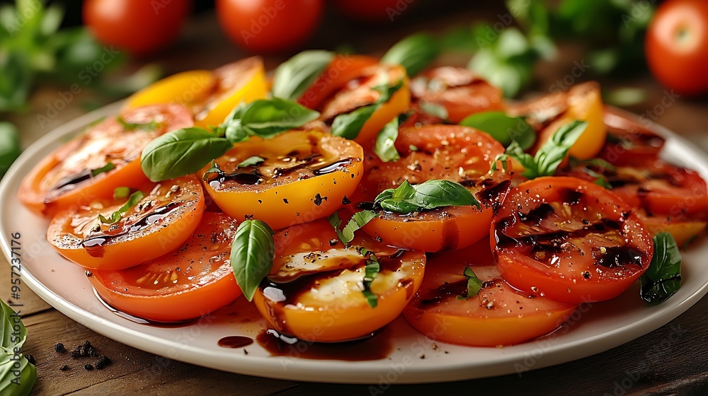 Caprese Salad with fresh mozzarella, ripe tomatoes, and basil, drizzled with balsamic glaze, artfully presented on a white platter, with a blurred window view in the background, Caprese Salad with fresh mozzarella, ripe tomatoes, and basil, drizzled with balsamic glaze, artfully presented on a white platter, with a blurred window view in the background,