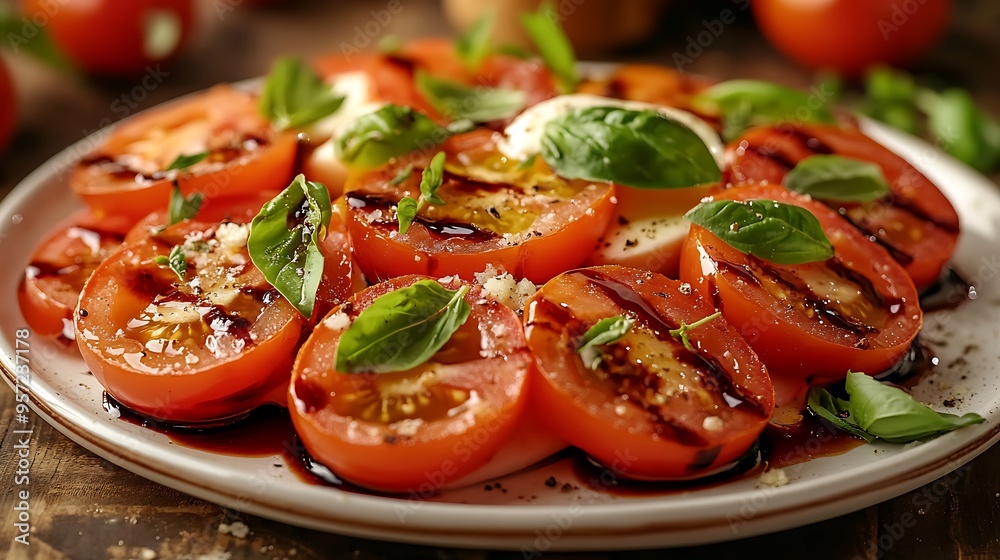 Caprese Salad with fresh mozzarella, ripe tomatoes, and basil, drizzled with balsamic glaze, artfully presented on a white platter, with a blurred window view in the background, Caprese Salad with fresh mozzarella, ripe tomatoes, and basil, drizzled with balsamic glaze, artfully presented on a white platter, with a blurred window view in the background,