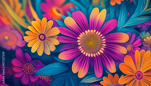 flower power hippie multicoloured daisy psychedelic backgroundillustration photo