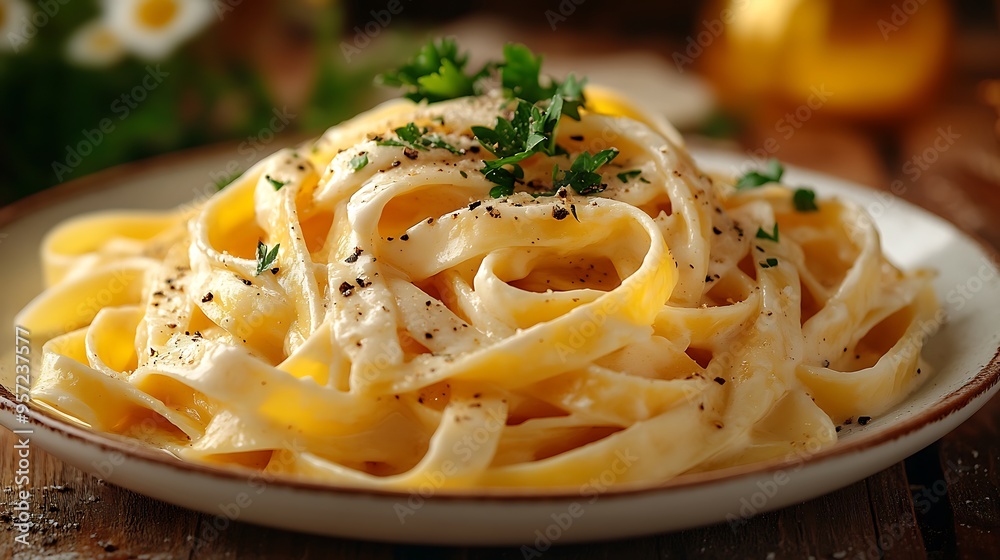 Fettuccine Alfredo with a smooth, creamy sauce, garnished with parsley, elegantly served on a white dish, with a blurred vase of flowers in the background, Fettuccine Alfredo with a smooth, creamy sauce, garnished with parsley, elegantly served on a white dish, with a blurred vase of flowers in the background,