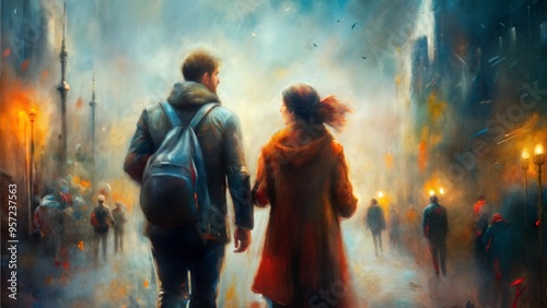 Couple Walking Together on a Misty Urban Street with Soft Lighting