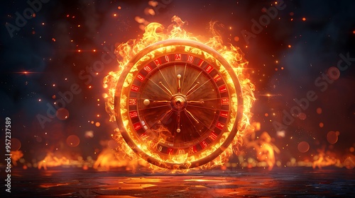 A flaming casino roulette wheel on a dark background.