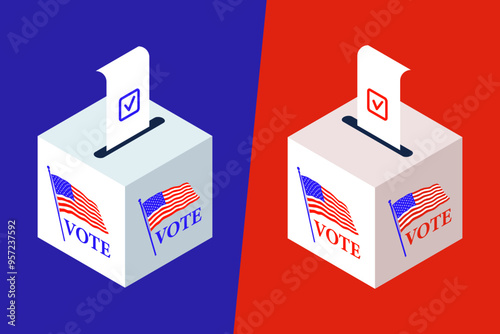Counting of votes in the US presidential elections illustration. Isometric ballot boxes with completed bulletins