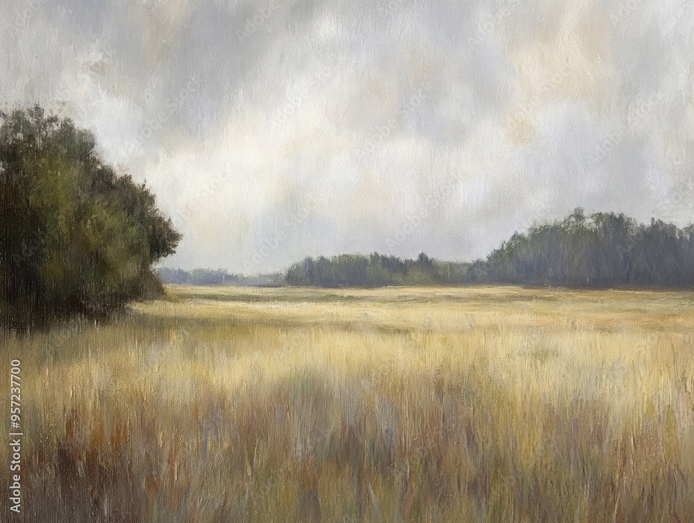 Oil painting depicting fields on a rainy day showcasing the beauty of nature in wet weather conditions Oil painting depicting fields on a rainy day showcasing the beauty of nature in wet weather conditions