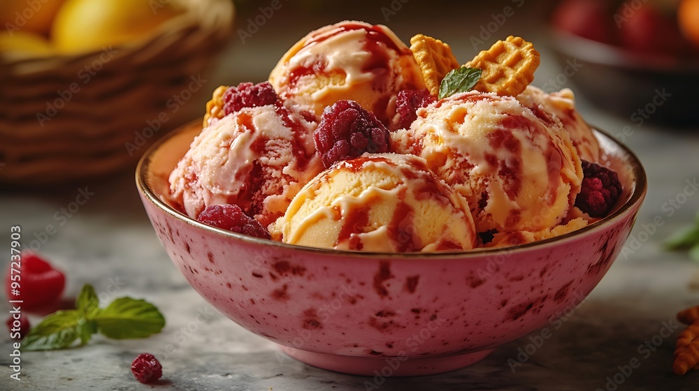 Gelato with multiple scoops in a colorful bowl, complemented by a crisp wafer stick, served on a marble countertop, with a blurred fruit basket softly glowing in the background, Gelato with multiple scoops in a colorful bowl, complemented by a crisp wafer stick, served on a marble countertop, with a blurred fruit basket softly glowing in the background,