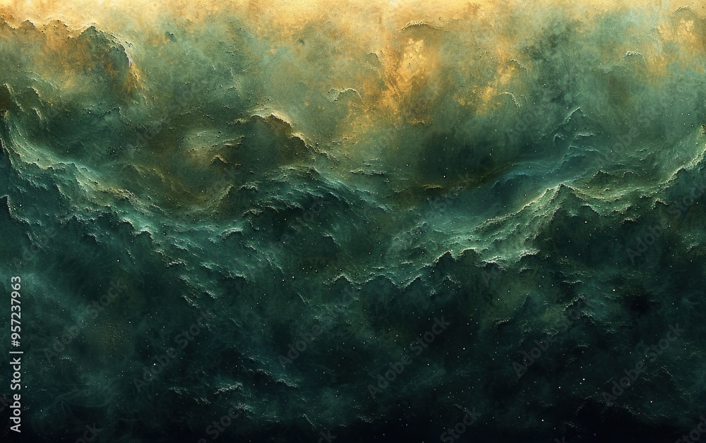 Obraz premium A vibrant nebula with green and yellow hues, swirling in a mountainous cloudscape
