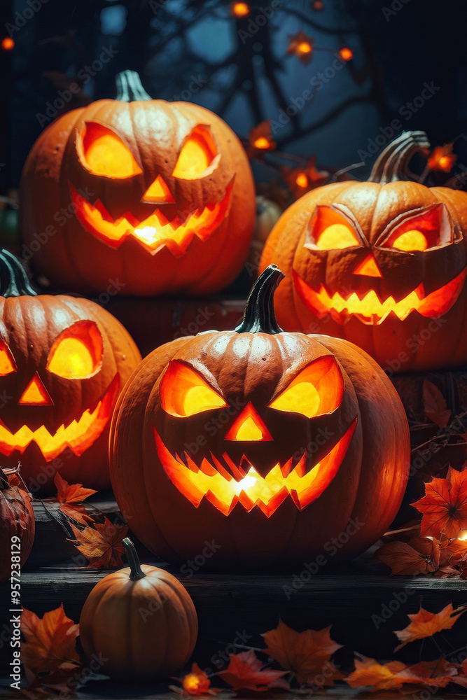 Spooky Season: Closeup of scary halloween pumpkins. generative AI