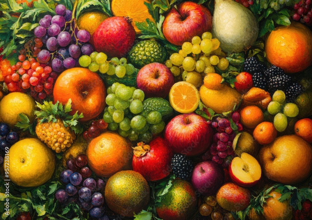 Vibrant oil painting featuring an assortment of fruits and vegetables ideal for a backdrop with a large arrangement Vibrant oil painting featuring an assortment of fruits and vegetables ideal for a backdrop with a large arrangement