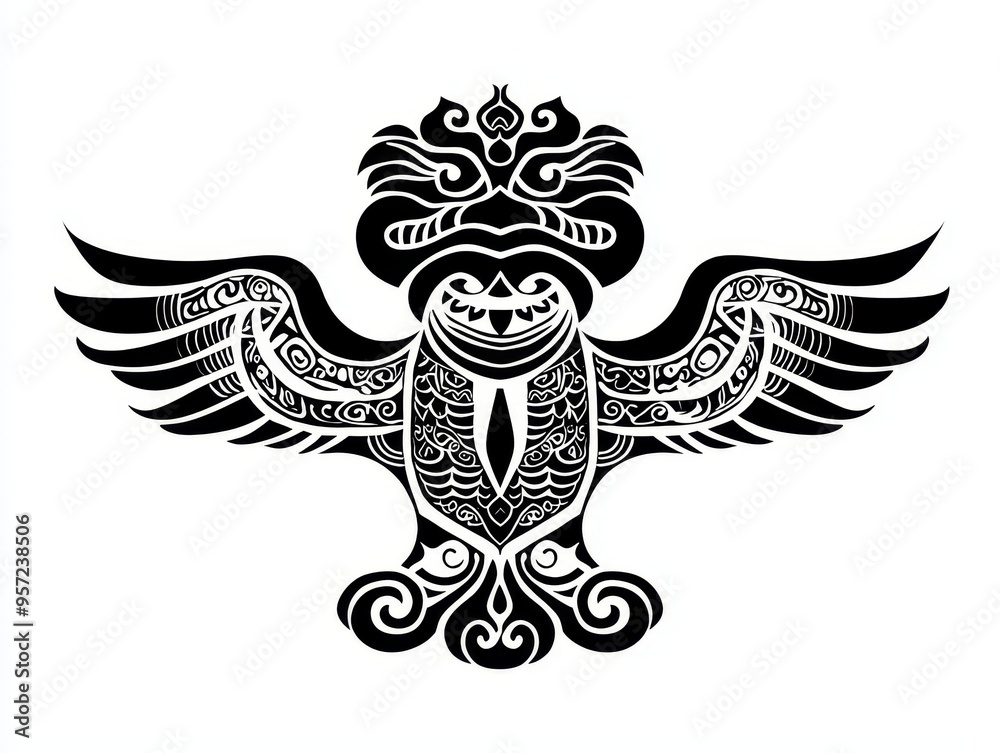 Black White Tribal Owl Tattoo Intricate Design Front View Symmetrical Composition Tribal