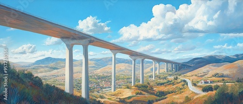 Wallpaper Mural Oil painting depicting a highway bridge with tall pillars spanning over a mountainous village showcasing advanced engineering and architectural design Torontodigital.ca