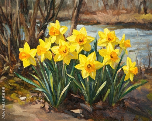 Oil painting of yellow winter daffodils in a garden setting featuring Sternbergia lutea flowers photo