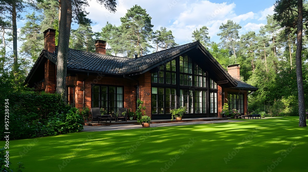 A traditional Nordic brick house with large windows and a green lawn, surrounded by the towering trees of a rainforest