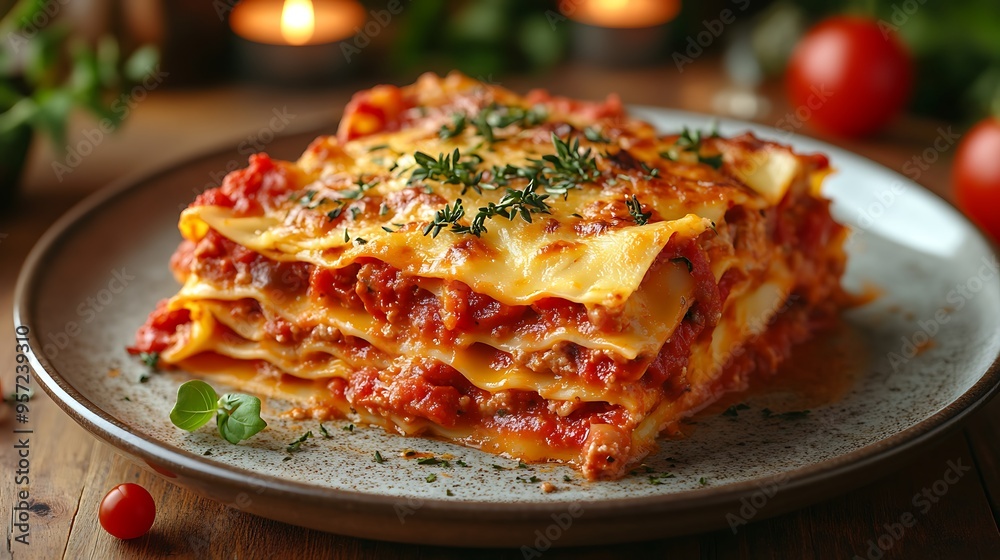 Lasagna with layers of sauce and bubbling cheese, served on a ceramic plate, with a blurred candlelight in the background, the warm glow enhancing the homely and comforting feel of the meal. Lasagna with layers of sauce and bubbling cheese, served on a ceramic plate, with a blurred candlelight in the background, the warm glow enhancing the homely and comforting feel of the meal.