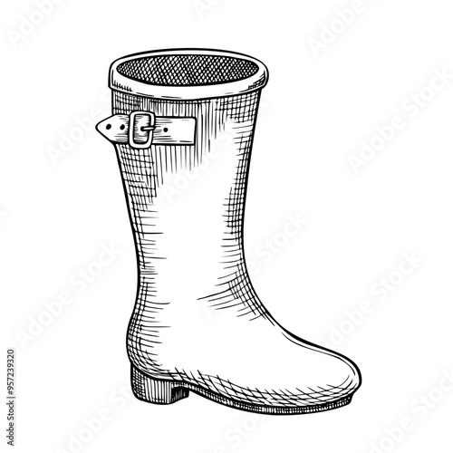 Vector Illustration of Rain Rubber Boot. Hand Drawn Garden Footwear on isolated background. Linear black drawing of gardening wet. Outline sketch of rustic gumboot for farming design.