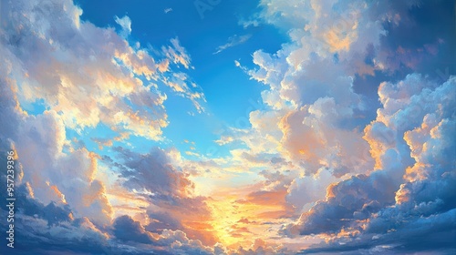 Oil painting depicting a sunrise amidst a blue sky adorned with clouds showcasing a scenic view of the clouds and weather phenomena in a visual landscape