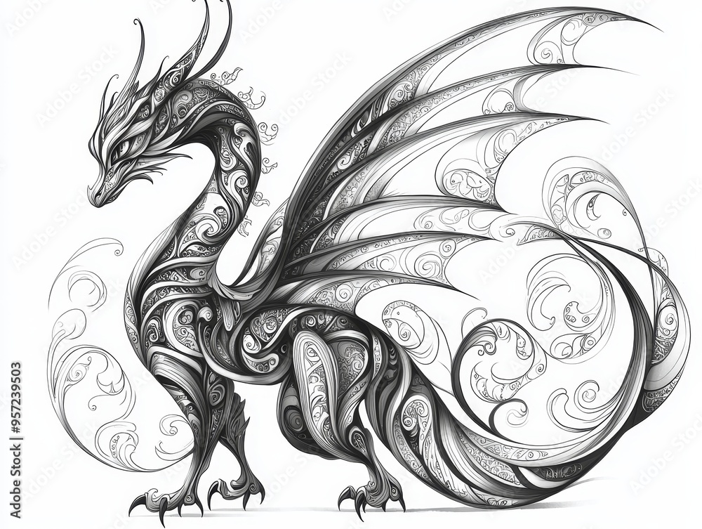 Dragons Whisper A Whimsical Black White Intricate Floral Pattern Composition Tribal Dragons Whisper A Whimsical Black White Intricate Floral Pattern Composition Tribal