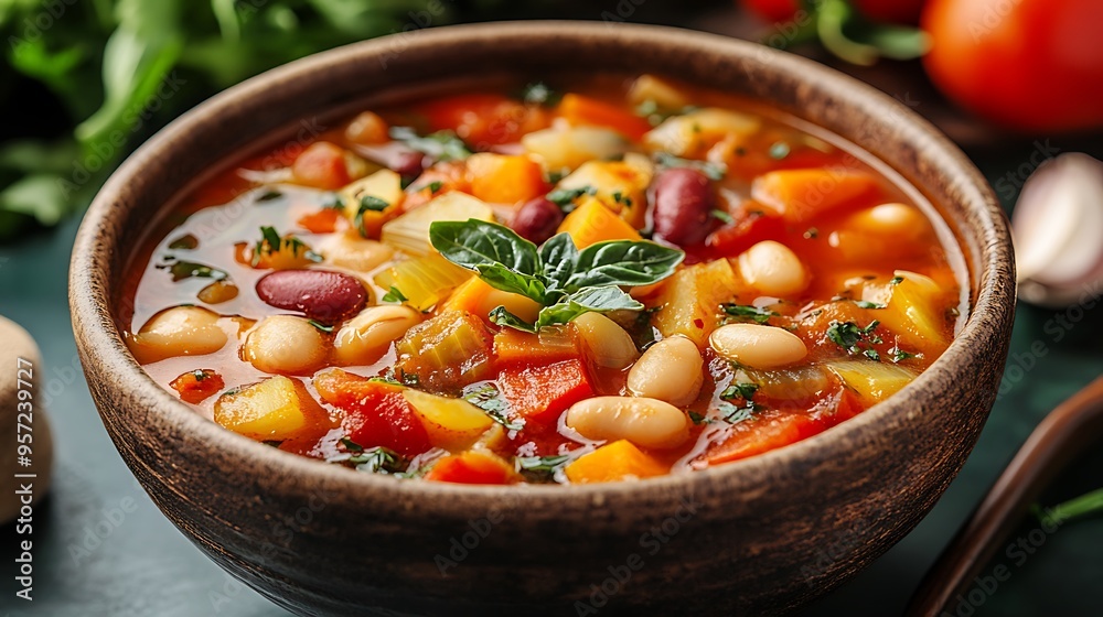 Minestrone Soup with a medley of fresh vegetables and beans, served in a rustic bowl, with a blurred kitchen countertop softly glowing in the background, warm light highlighting the vibrant, Minestrone Soup with a medley of fresh vegetables and beans, served in a rustic bowl, with a blurred kitchen countertop softly glowing in the background, warm light highlighting the vibrant,