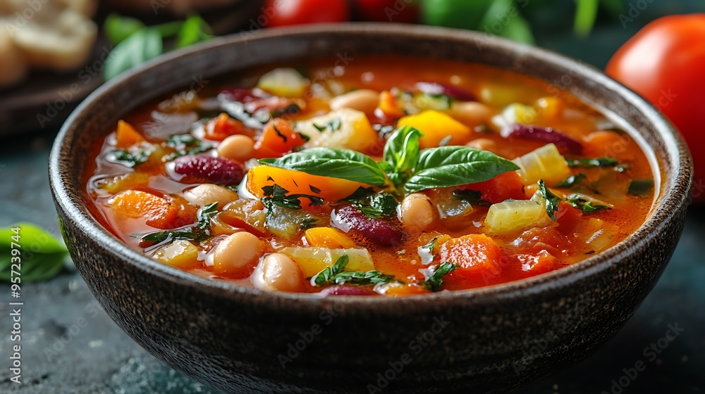 Minestrone Soup with a medley of fresh vegetables and beans, served in a rustic bowl, with a blurred kitchen countertop softly glowing in the background, warm light highlighting the vibrant, Minestrone Soup with a medley of fresh vegetables and beans, served in a rustic bowl, with a blurred kitchen countertop softly glowing in the background, warm light highlighting the vibrant,