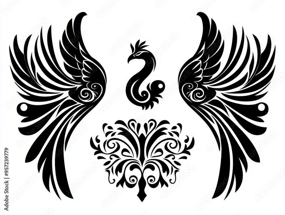 Black and White Symmetrical Bird Wings with Ornate Floral Detail A Bold Graphic Illustration Tribal Black and White Symmetrical Bird Wings with Ornate Floral Detail A Bold Graphic Illustration Tribal