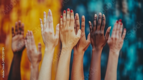 Hands of different races intermingled, raised together in unity against a vibrant background