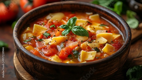 Minestrone Soup with fresh, vibrant vegetables and pasta, served in a rustic bowl, with a blurred kitchen countertop softly glowing in the background, warm lighting highlighting the rich,