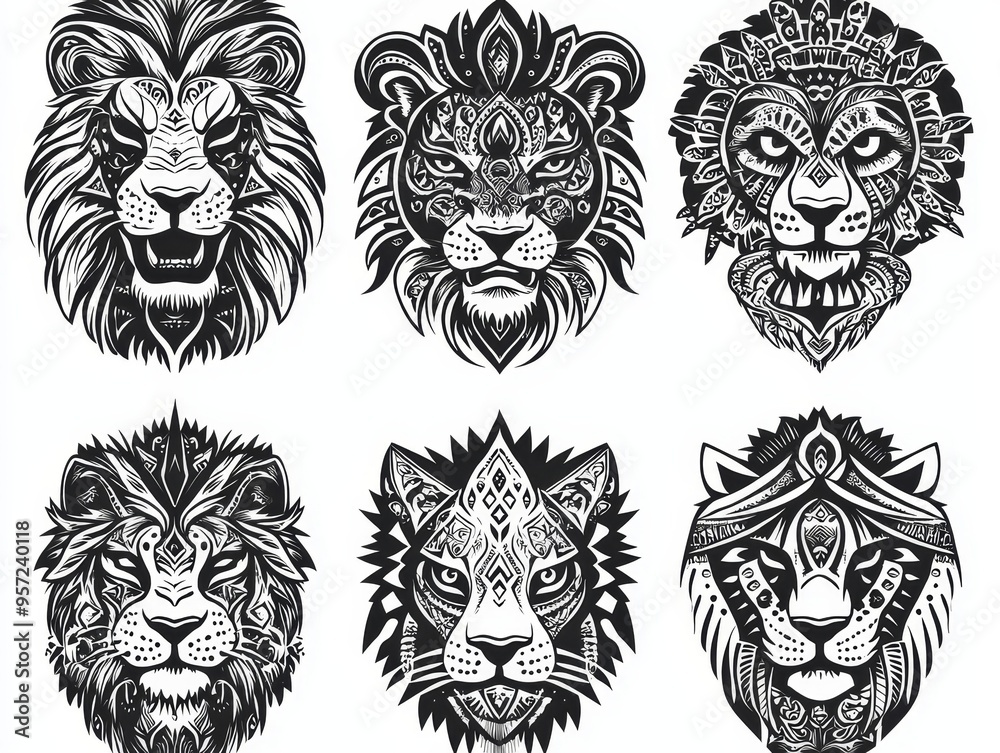 Six Lion Heads in Black and White with Intricate Pattern Detail Tribal Six Lion Heads in Black and White with Intricate Pattern Detail Tribal