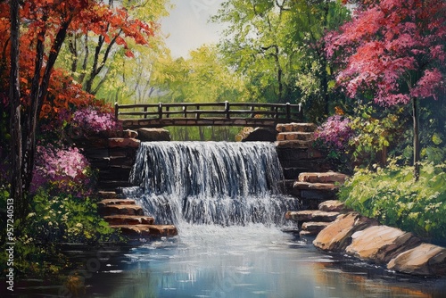 Oil painting depicting a beautiful waterfall scene in a serene park setting