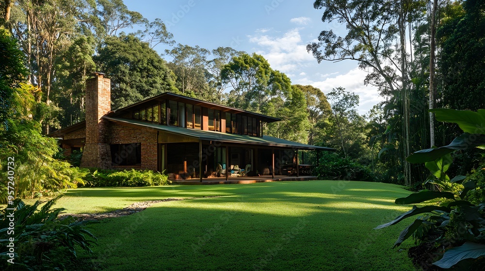 A traditional Nordic brick home with an expansive lawn, surrounded by towering rainforest trees A traditional Nordic brick home with an expansive lawn, surrounded by towering rainforest trees