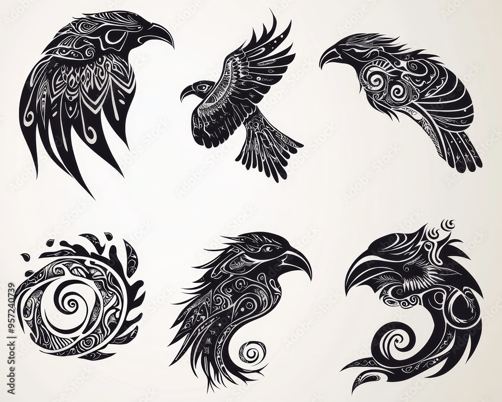 Obraz premium Black White Tribal Ravens Intricate Patterns Whimsical Flight 149 characters Tribal