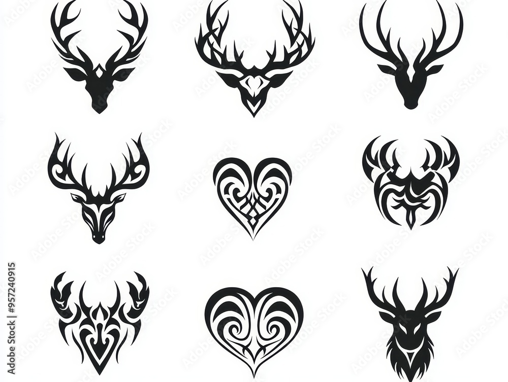 Tribal Deer Heart Design Black White Silhouette Antlers Hearts Abstract Shapes on White Background Tribal Tribal Deer Heart Design Black White Silhouette Antlers Hearts Abstract Shapes on White Background Tribal