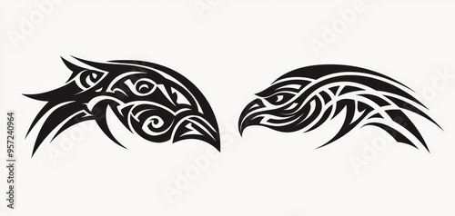 Two Tribal Bird Heads in Black White Abstract Geometric Intricate Linework Symbolic Design Tribal