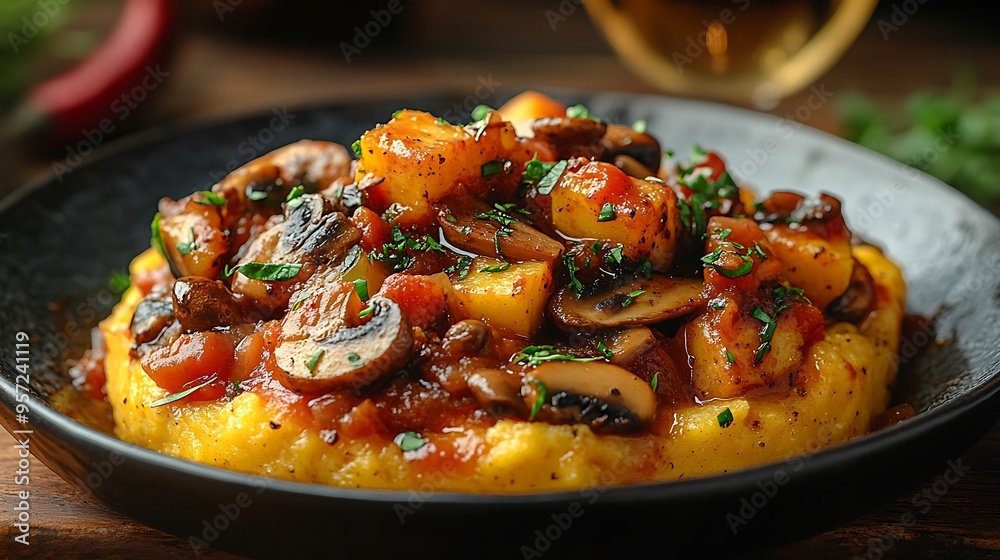 Polenta with a savory mushroom ragù, elegantly presented on a dark ceramic plate, with a blurred wine glass in the background, warm light enhancing the rustic and inviting dining experience. Polenta with a savory mushroom ragù, elegantly presented on a dark ceramic plate, with a blurred wine glass in the background, warm light enhancing the rustic and inviting dining experience.