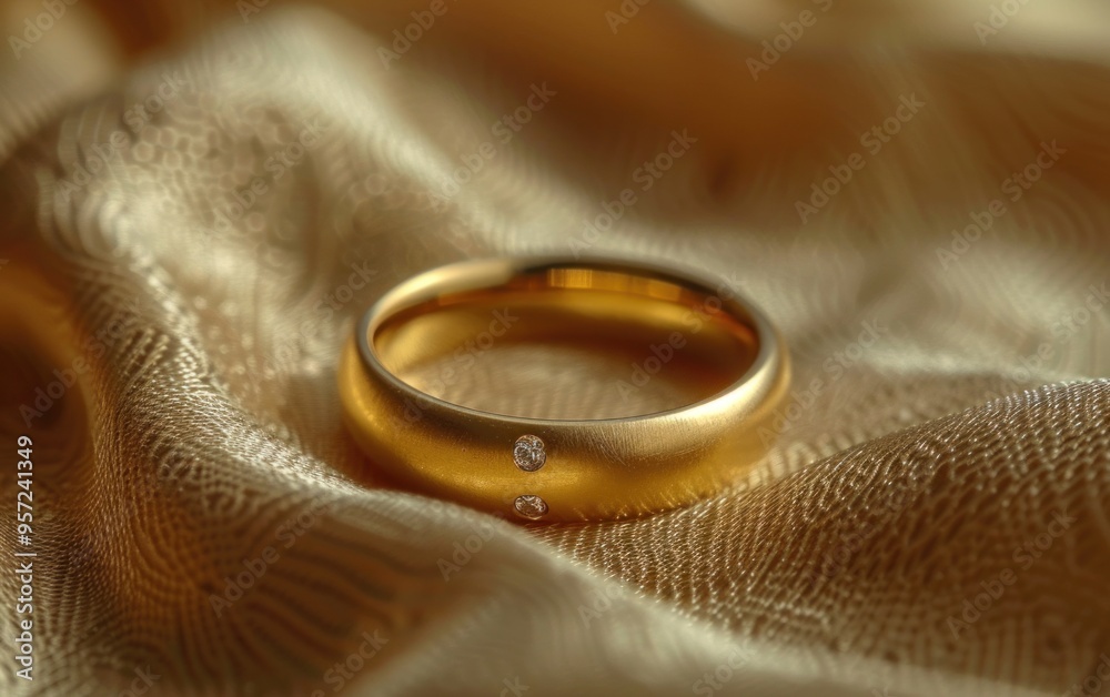 A gold wedding band with two small diamonds on a beige fabric background A gold wedding band with two small diamonds on a beige fabric background