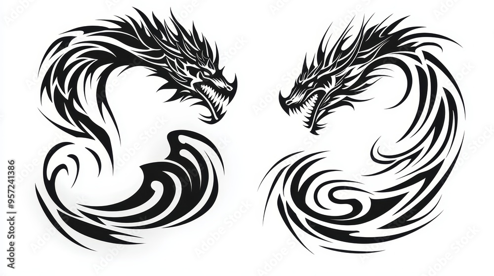 Fototapeta premium Two Black White Tribal Dragon Silhouettes Facing Each Other on a White Background Tribal
