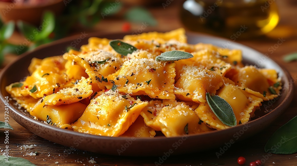 Ravioli delicately coated in sage butter sauce, sprinkled with Parmesan, elegantly presented on a ceramic plate, with a blurred olive oil bottle in the background, Ravioli delicately coated in sage butter sauce, sprinkled with Parmesan, elegantly presented on a ceramic plate, with a blurred olive oil bottle in the background,