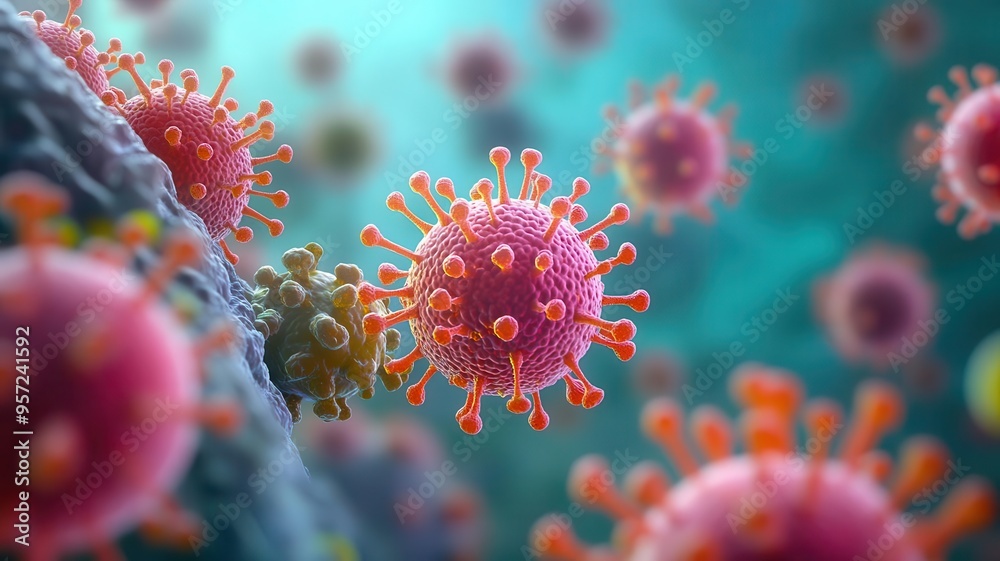 Fototapeta premium Virus infection, viral particles attaching to host cell membrane, illustration
