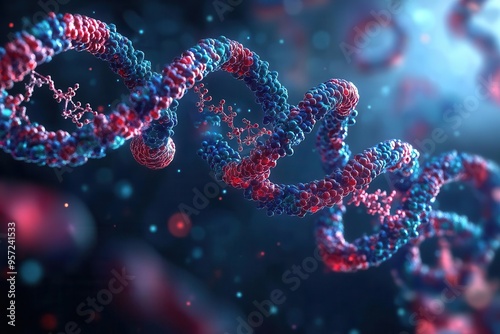 Protein synthesis, ribosome translating mRNA, 3D illustration photo