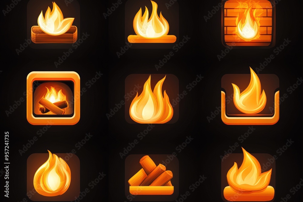 Warm-toned fireplace icons featuring cozy flame designs, ideal for holiday app icons. Warm-toned fireplace icons featuring cozy flame designs, ideal for holiday app icons.