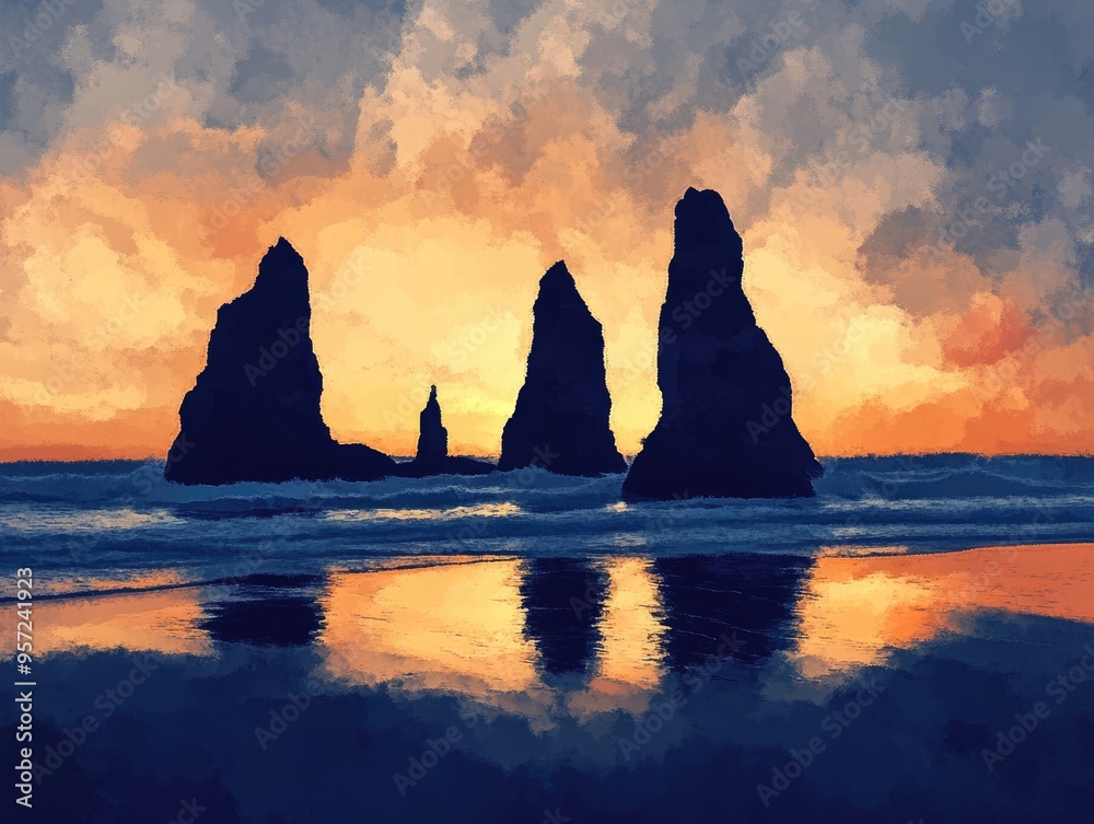 Silhouette of rocks on a beach during sunset featuring an oil painting style Silhouette of rocks on a beach during sunset featuring an oil painting style