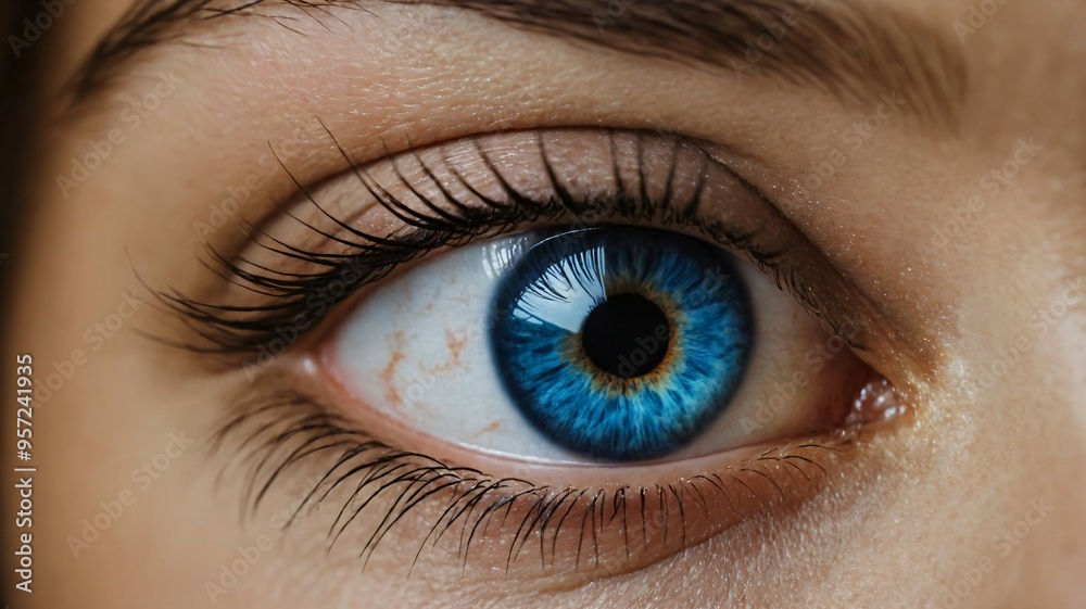 Obraz premium Macrophotograph of a person with beautiful eyes. Bright shade of eyes. The iris of the eye. Ai illustration.