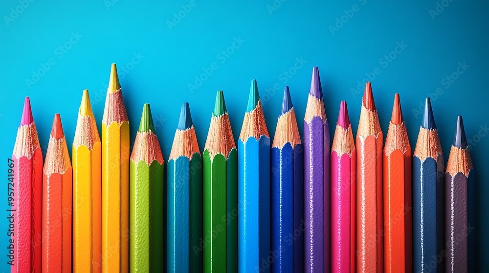 A row of colorful pencils on a blue background.