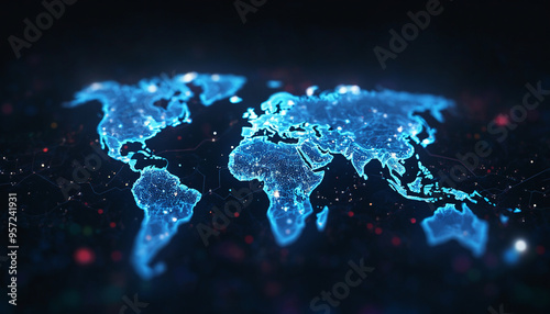 A blue world map on a dark background is dotted with connections, evoking a tech-driven, networked global perspective.