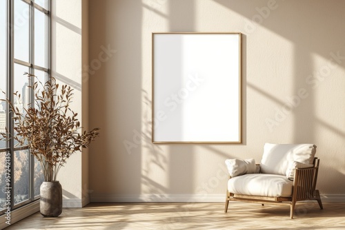 Poster Frame in Beige minimalist living room interior created with generative AI