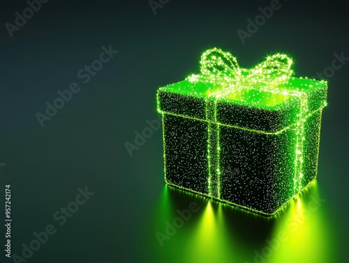 Bright neon green gift box featuring twinkling lights. photo