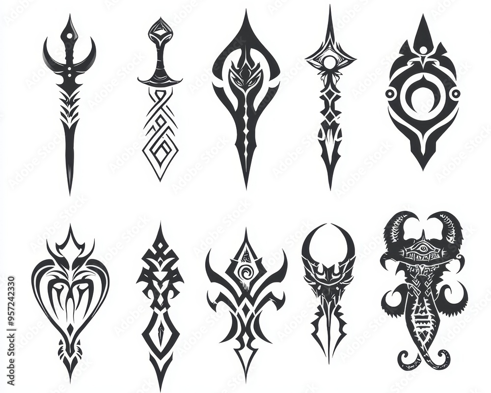 Tribal Tattoo Designs Black Ink on White Background A Collection of 8 Unique Stylized Swords Hearts and Creatures Tribal Tribal Tattoo Designs Black Ink on White Background A Collection of 8 Unique Stylized Swords Hearts and Creatures Tribal