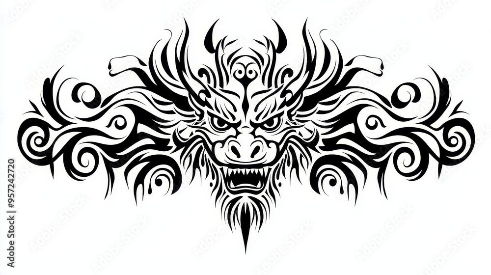 Obraz premium Black Dragon Tattoo Design A Bold Tribal Interpretation of a Fearsome Creatures Head in a Swirling Frame of Ornate Detail Tribal