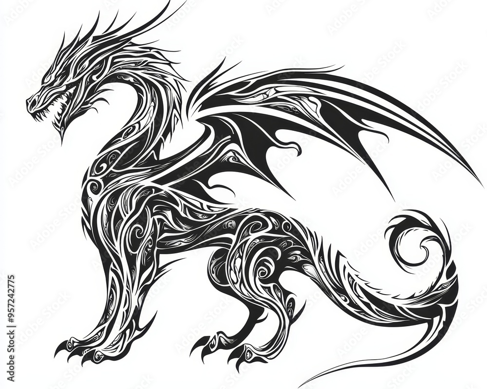 Fierce Black White Dragon with Swirling Details in Side Profile on White Background Tribal Fierce Black White Dragon with Swirling Details in Side Profile on White Background Tribal