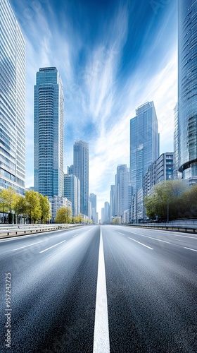 The image depicts a modern cityscape with towering skyscrapers, bustling traffic, and a vibrant urban skyline