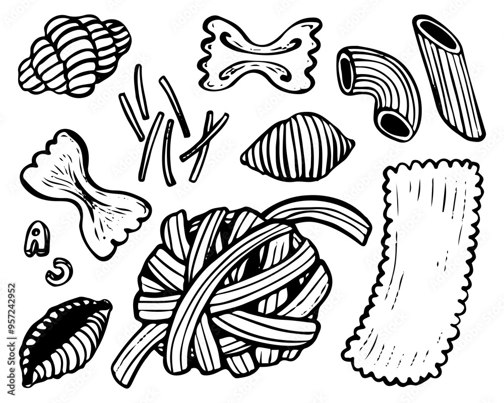 Macaroni set hand drawn doodle. Pasta feathers, horns, alphabet, shells, lasagna, vermicelli, nests, ribbons. Wheat dough food. Food product. Side dish. Grocery. Vector sketch line art illustration. Macaroni set hand drawn doodle. Pasta feathers, horns, alphabet, shells, lasagna, vermicelli, nests, ribbons. Wheat dough food. Food product. Side dish. Grocery. Vector sketch line art illustration.