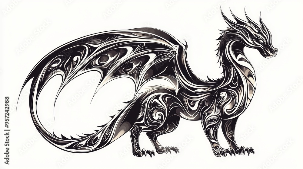 Black White Dragon Side View Intricate Swirling Patterns Powerful Stance Mystical Creature Tribal Black White Dragon Side View Intricate Swirling Patterns Powerful Stance Mystical Creature Tribal